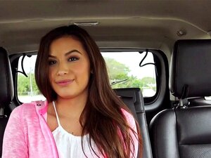 Una linda de tetas pequeñas se folla en el coche en la carretera