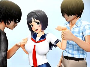 Escolar hentai con curvas tiene a dos chicos follándole todos los